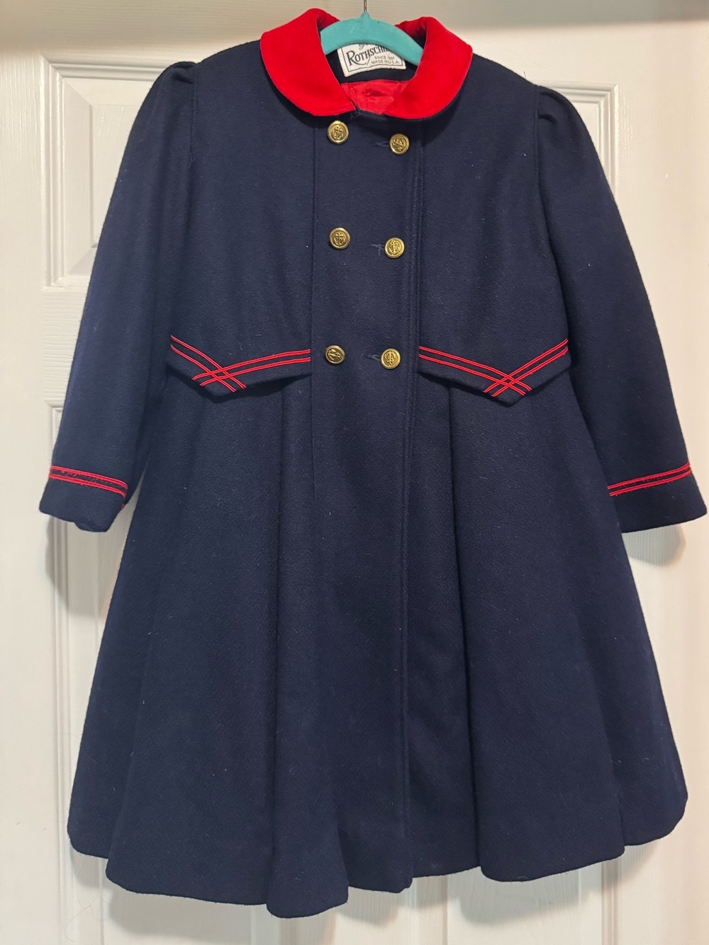 Vintage Rothschild Girls 6X Navy Wool Sailor Coat Red Cape Collar USA